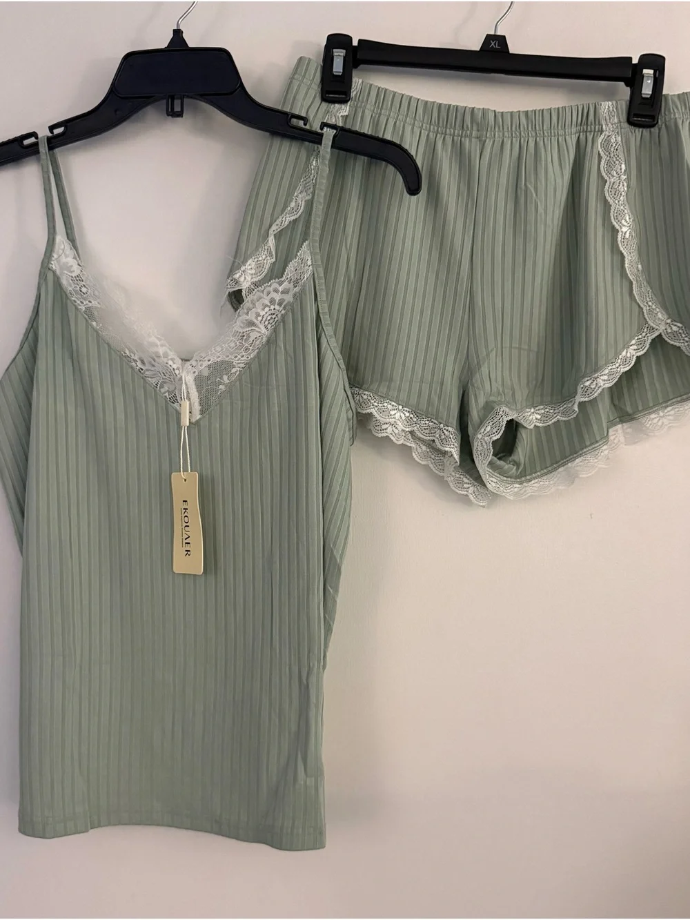 Ike & Jay Sage Green Ribbed Lace Cami & Short Sleep Set